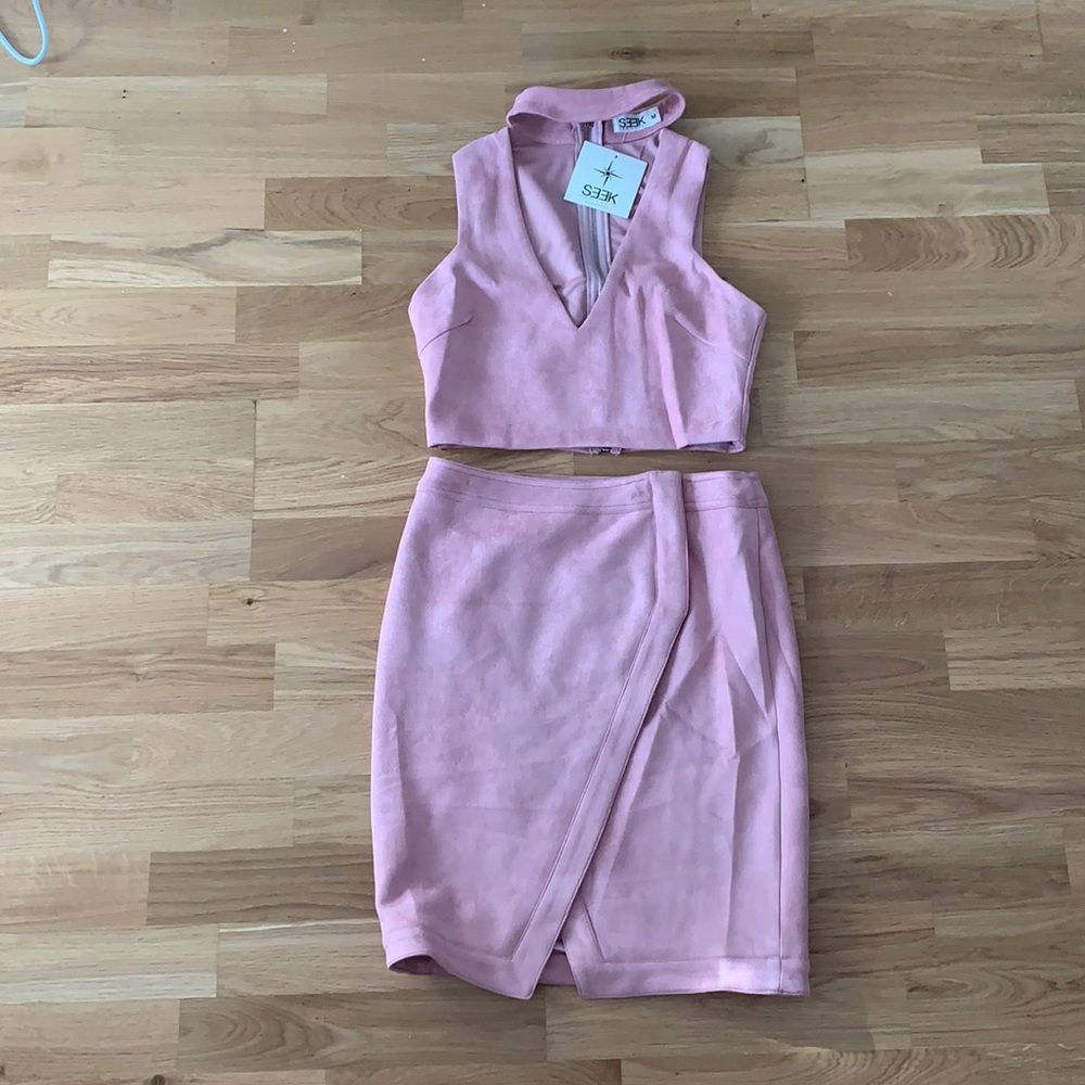 NWT Seek the label LF pink blush faux suede stretch choker top and wrap skirt